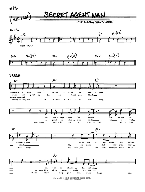 Secret Agent Man - Johnny Rivers (Real Book - Melody-Chords-Lyrics)