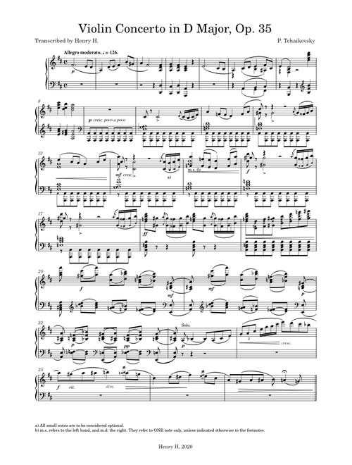 Tchaikovsky, Violin Concerto in D Major, Op. 35, For Piano Solo