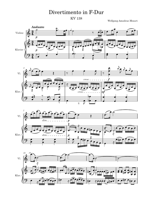 Mozart Divertimento in F major, KV 138/125c 2nd mov. for Piano and Violin