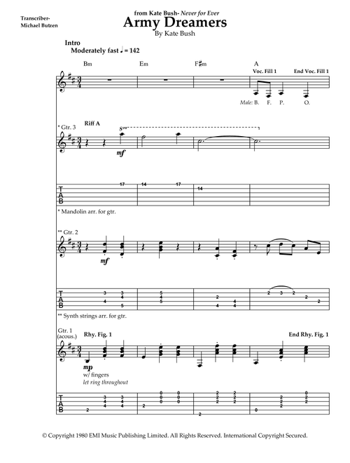 Army Dreamers (Arr. Transcriber- Michael Butzen) - Kate Bush (Guitar Tab with Voice)