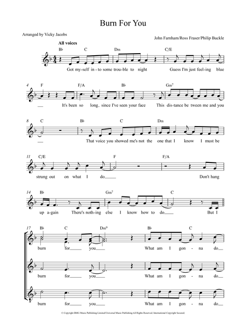 Burn For You (Arr. Vicky Jacobs) - John Farnham (Choral, SAB)