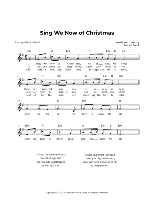 Sing We Now of Christmas (Key of E Minor) (Arr. R. Salvario) - Traditional French Carol (Lead Sheet - Fake Book)