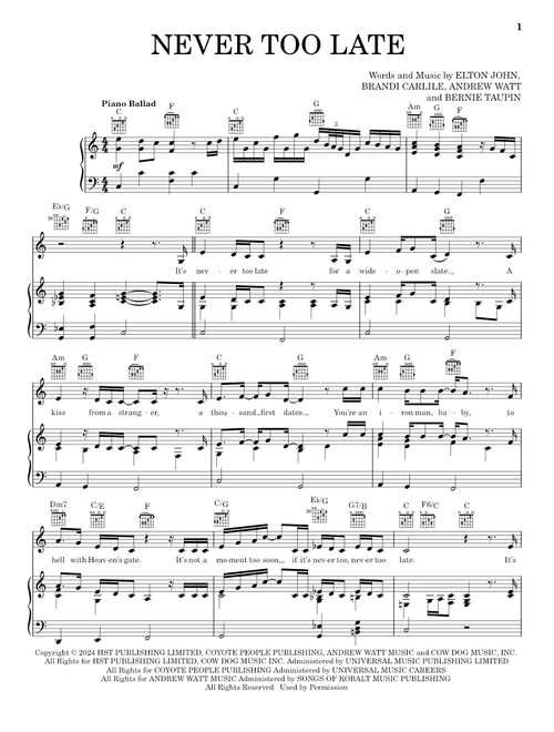 Never Too Late - Elton John & Brandi Carlile (Piano-Vocal-Guitar)