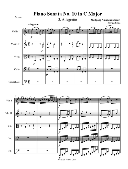 Piano Sonata No. 10, Movement 3 (Arr. Joshua Choe) - Wolfgang Amadeus Mozart (Orchestra)