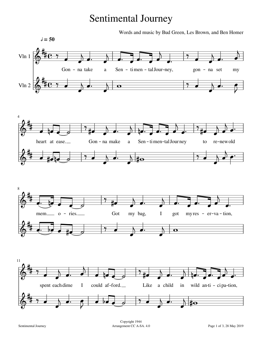 Sentimental Journey Sheet Music for Violin (String Duet