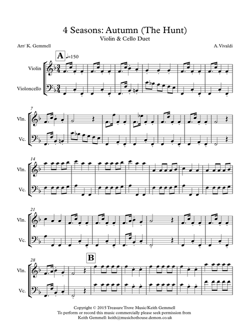 4 Seasons: Autumn (The Hunt) Violin & Cello (Arr. Keith Gemmell) - A, Vivaldi (Instrumental Duet)