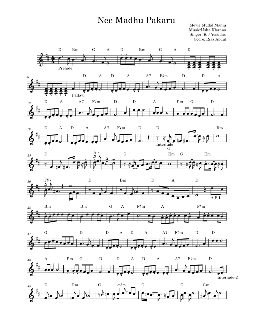 Pakaru Nee madhu pakaru – Yesudas Nee Madhu Pakaru – K J Yesudas Sheet Music ...