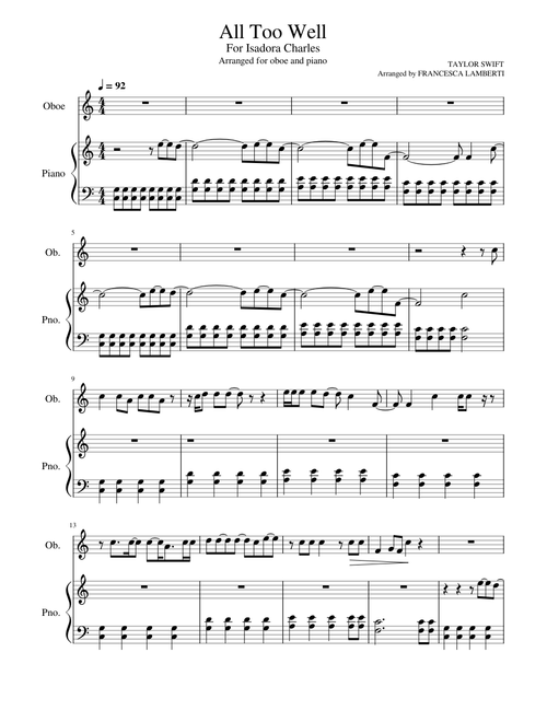 All Too Well – Taylor Swift (for Oboe and Piano)