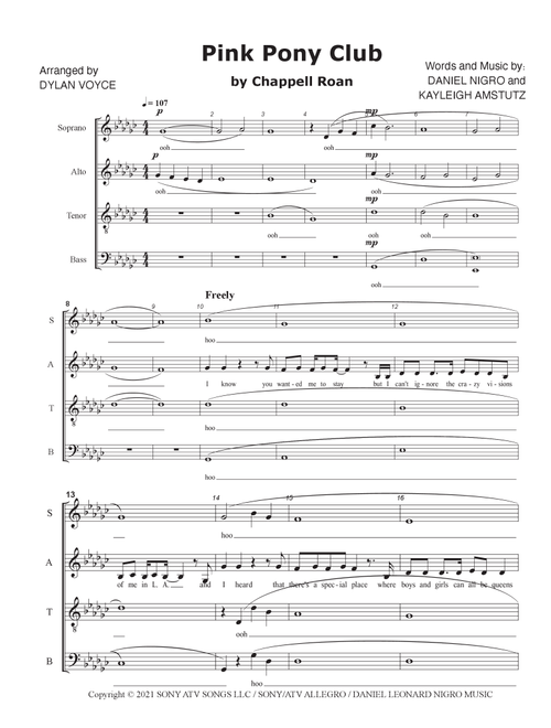 Pink Pony Club (Arr. Dylan Voyce) - Chappell Roan (Choral, SATB)