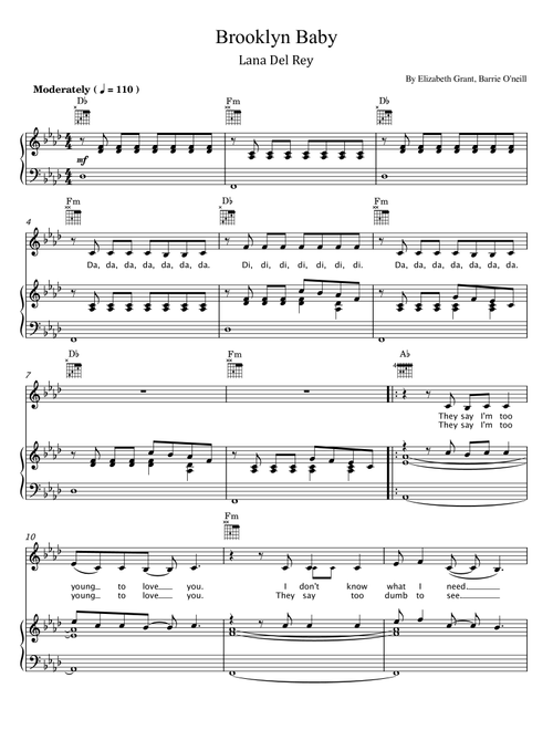 Brooklyn Baby (Arr. poon) - Lana Del Rey (Piano Vocal)
