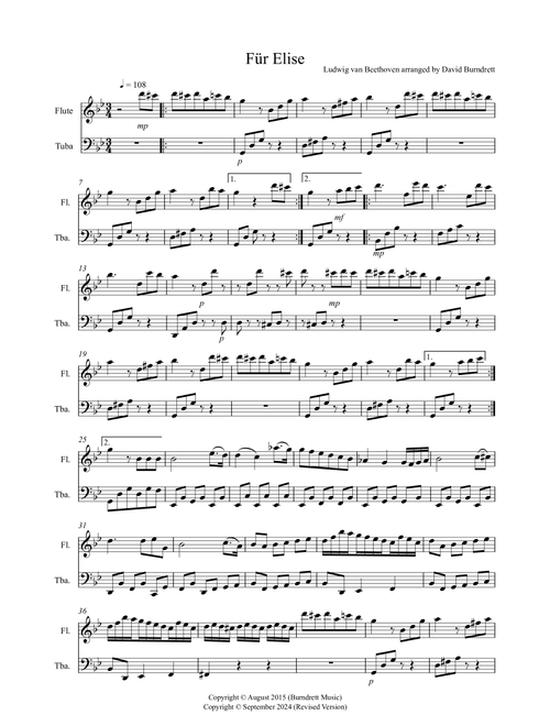 Fur Elise for Flute and Tuba Duet (Arr. David Burndrett) - Ludwig Van Beethoven (Instrumental Duet)