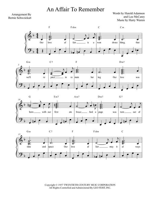 An Affair To Remember (our Love Affair) (Arr. Bernie Schweickart) - Harry Warren (Piano-Vocal-Guitar (Piano Accompaniment))