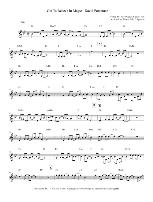 Got To Believe In Magic (Arr. Marco Polo C. Ignacio) - Charles Fox, Steve Geyer (Lead Sheet - Fake Book)