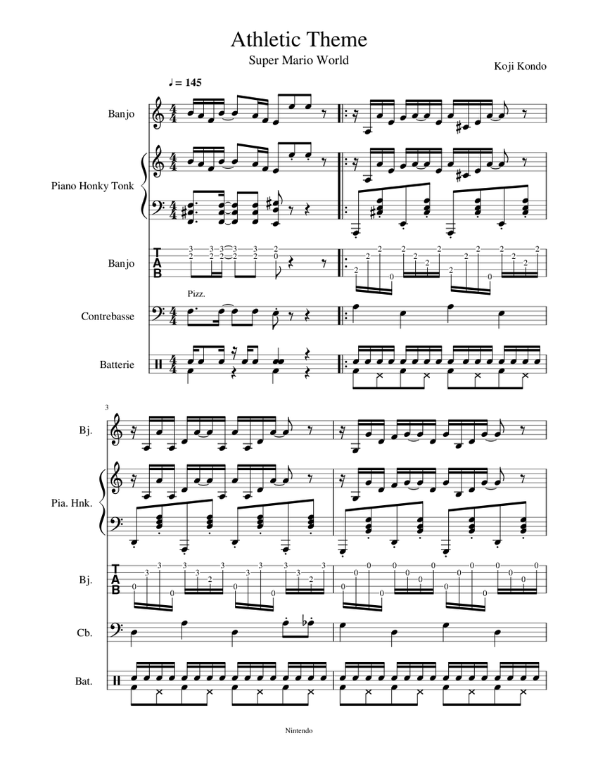 Super Mario World Athletic Theme Sheet music for Piano Contrabass Drum group Banjo Mixed Ensemble Musescore
