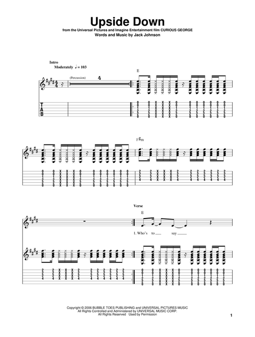 Upside Down - Jack Johnson (Easy Guitar with TAB)