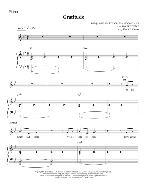 Gratitude (Arr. Arranged by Eliseu F. Guedes) - Brandon Lake (Piano-Vocal-Guitar (Piano Accompaniment))