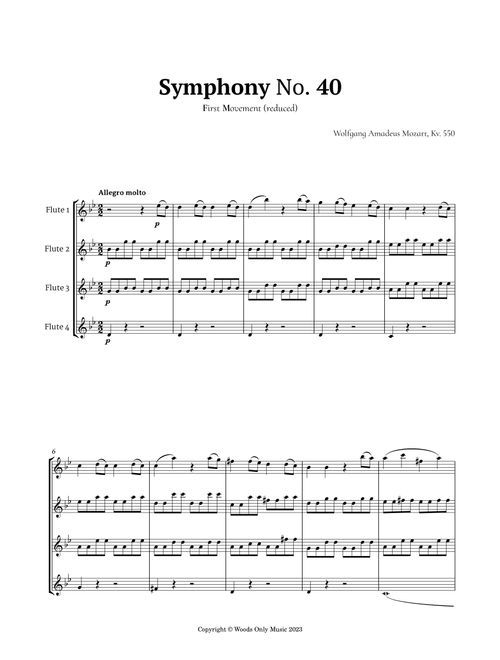 Symphony No. 40 by Mozart for Flute Quartet (Arr. Ander) (Woodwind Ensemble)