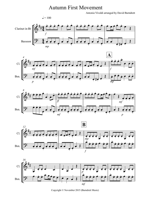 Autumn "Four Seasons" for Clarinet and Bassoon Duet (Arr. David Burndrett) - Antonio Vivaldi (Instrumental Duet)