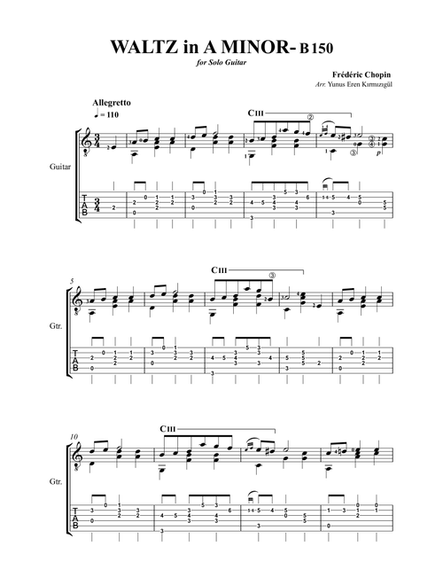 Chopin Waltz in A Minor- B150 for Solo Guitar (Arr. Yunus Eren Kırmızıgül) - Frédéric Chopin (Solo Guitar)