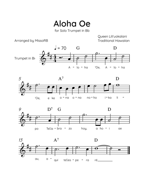 Aloha Oe - Solo Trumpet in Bb in C Major Easy With Lyrics & Chords (Arr. MissoRB) - Queen Liliʻuokalani (Trumpet Solo)