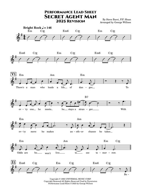 Secret Agent Man (Arr. George Willson) - Johnny Rivers (Lead Sheet - Fake Book)