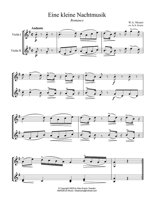 Romance from Eine kleine Nachtmusik for violin duo (Arr. K. Krantz) - W.A. Mozart (Violin Duet)