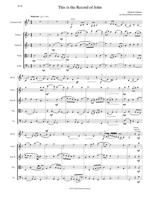 This is the record of John for clarinet and string quartet (Arr. David Warin Solomons) - Orlando Gibbons (Chamber Orchestra)