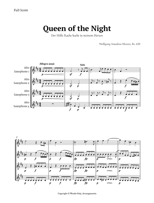 Queen of the Night Aria by Mozart for Alto Sax Quartet (Arr. Ander) (Woodwind Ensemble)