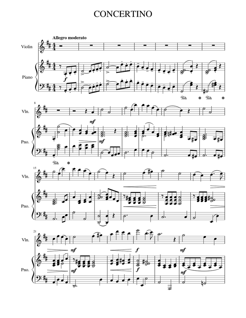 Violin Concertino I. Allegro moderato Sheet Music for Piano, Violin ...