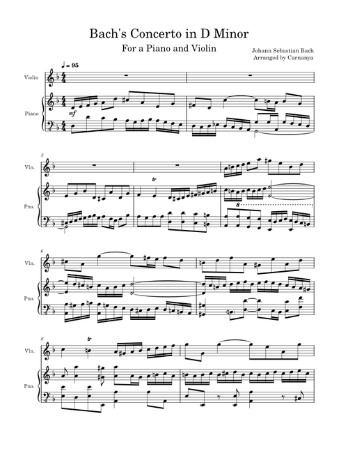 BWV 1043 for a Piano and Violin (J.S. Bach's Concerto for 2 Violins in D minor)
