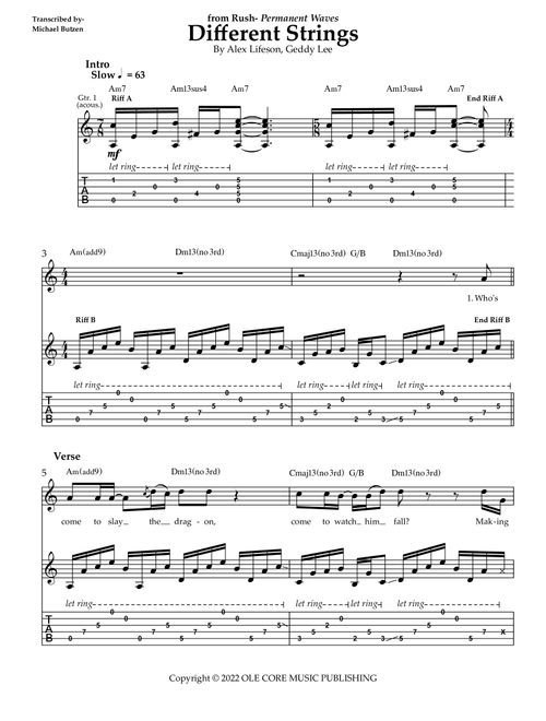Different Strings (Arr. Transcriber- Michael Butzen) - Geddy Lee, Alex Lifeson (Guitar Tab with Voice)