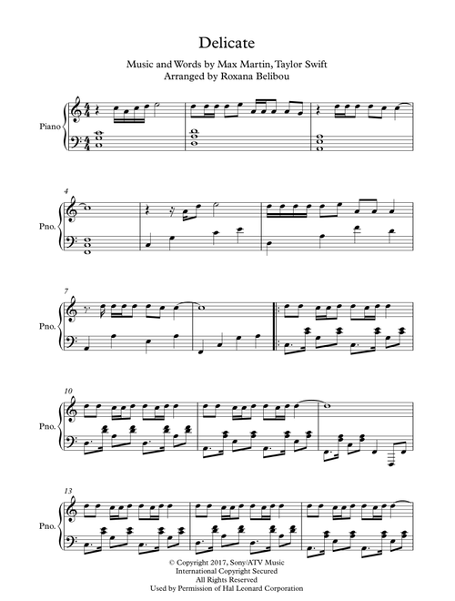 Delicate (Arr. Roxana Belibou) - Taylor Swift (Piano Solo)
