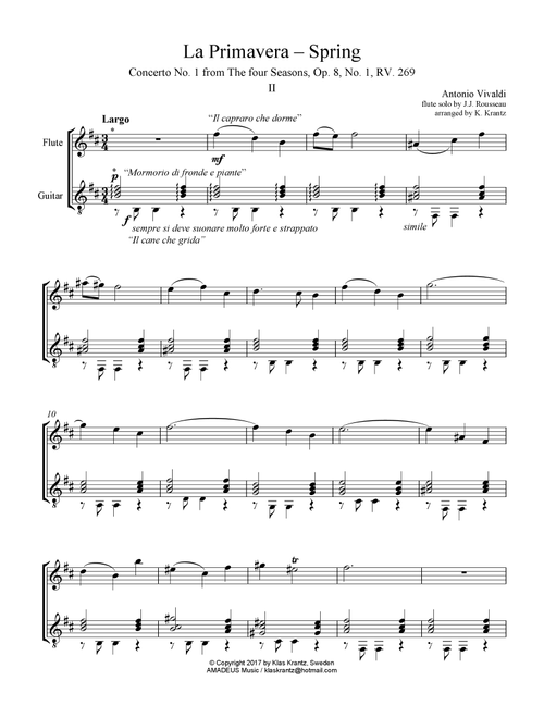 Largo (ii) from La Primavera (Spring) RV. 269 for flute (violin) and guitar (Arr. K. Krantz) - A. Vivaldi (Instrumental Duet)