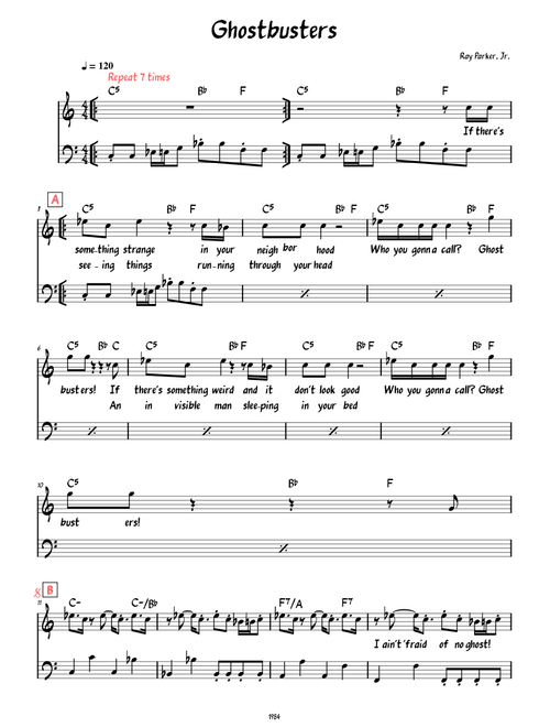 Ghostbusters (Lead sheet with lyrics and bass line)