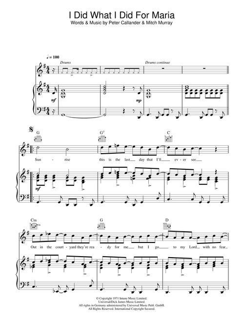 I Did What I Did For Maria - Tony Christie (Piano-Vocal-Guitar (Piano Accompaniment))
