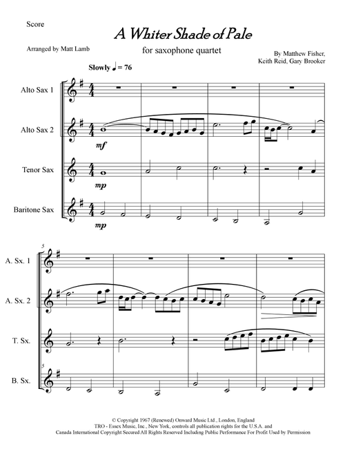 A Whiter Shade Of Pale (Arr. Matt Lamb) - Procol Harum (Woodwind Ensemble)