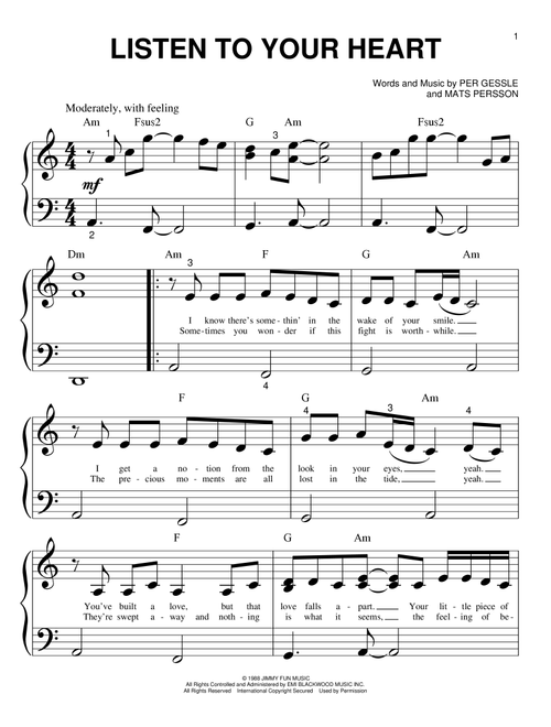 Listen To Your Heart - DHT, Roxette (Big Note Piano)