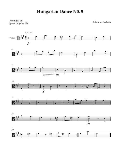 Hungarian Dance No. 5 for Viola - key of F#m (Arr. Jps Arrangements) - Johannes Brahms (Viola Solo)