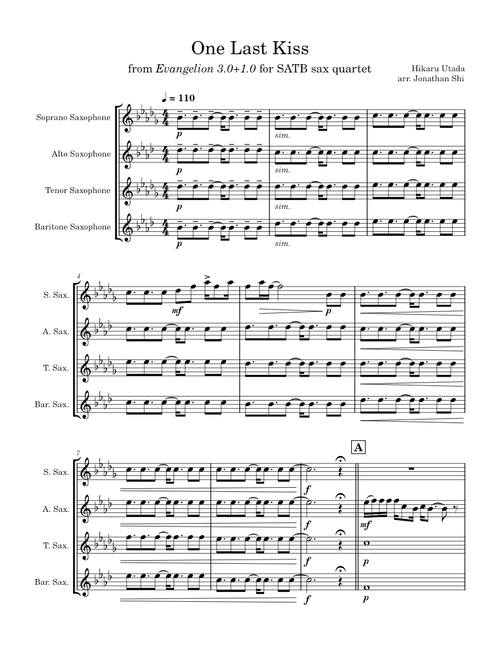 One Last Kiss - Hikaru Utada from Evangelion 3.0+1.0 for Sax Quartet