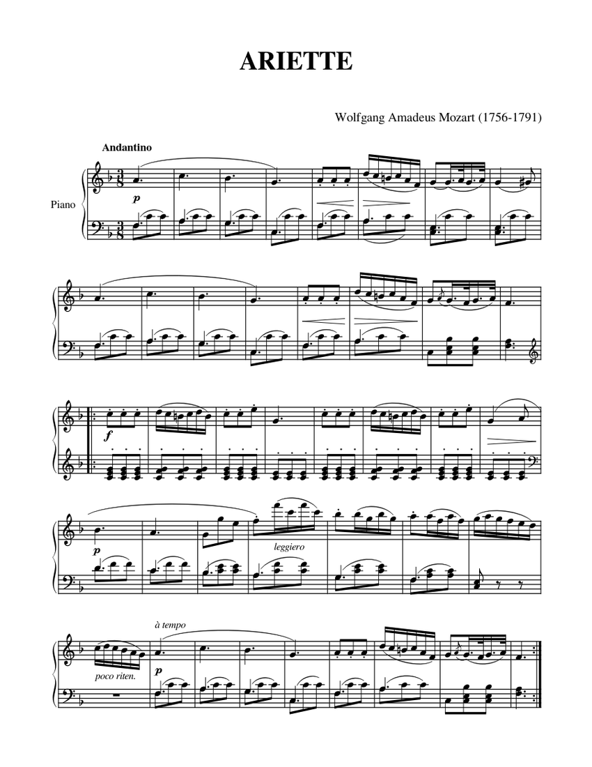 ARIETTE (Mozart) Sheet Music for Piano (Solo) easy | MuseScore.com