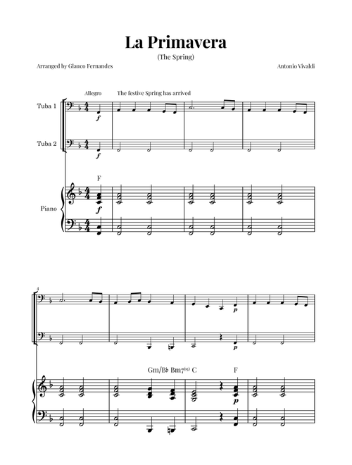 La Primavera (The Spring) by Vivaldi - Tuba Duet and Piano with Chord Notations (Arr. Glauco Fernandes) - Antonio Vivaldi (Instrumental Duet and Piano)
