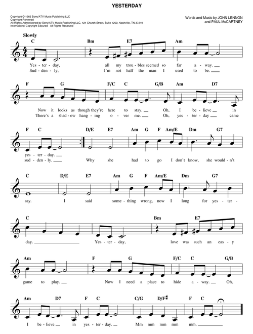 Yesterday - The Beatles (Easy Lead Sheet - Fake Book)