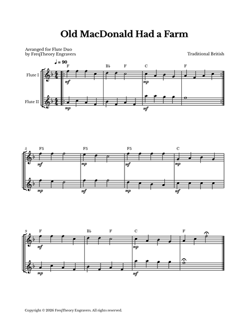 Old MacDonald Had a Farm - For Flute Duet (Arr. FreqTheory Engravers) - Traditional British (Flute Duet)