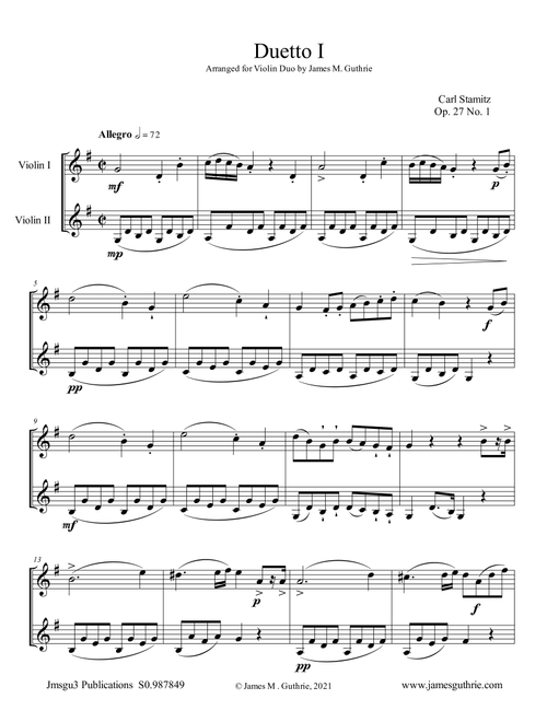 Stamitz: Duet Op. 27 No. 1 for Violin Duo (Arr. James M. Guthrie) - Carl Stamitz (Violin Duet)