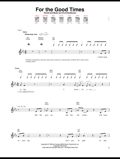 For The Good Times - Ray Price, Elvis Presley, Kris Kristofferson (Easy Guitar)