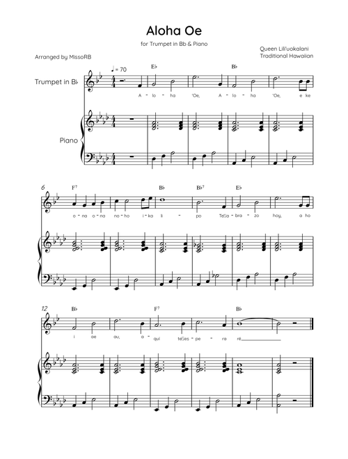 Aloha Oe - Trumpet in Bb & Piano in Ab Major Easy With Lyrics & Chords (Arr. MissoRB) - Queen Liliʻuokalani (Trumpet and Piano)