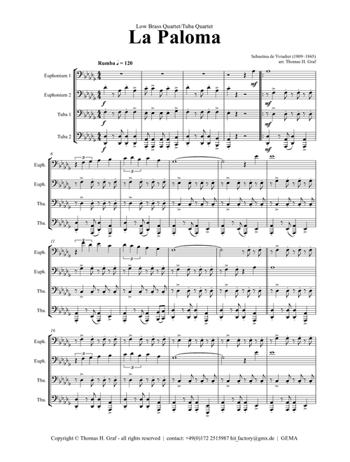 La Paloma - Spanish Habanera - Low Brass Quartet/Tuba Quartet (Arr. Thomas H. Graf) - Sebastina de Yvradier (1809–1865) (Brass Ensemble)