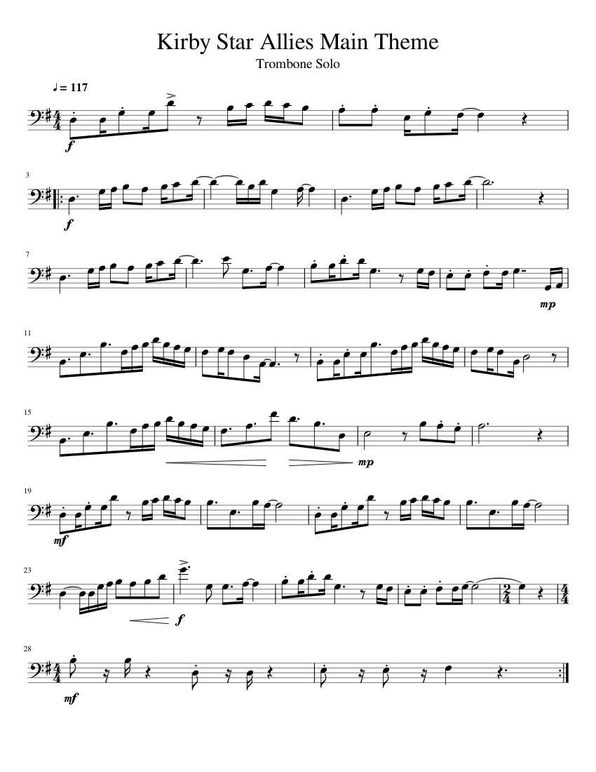 Kirby Star Allies Main Theme - Trombone Solo Sheet music for 