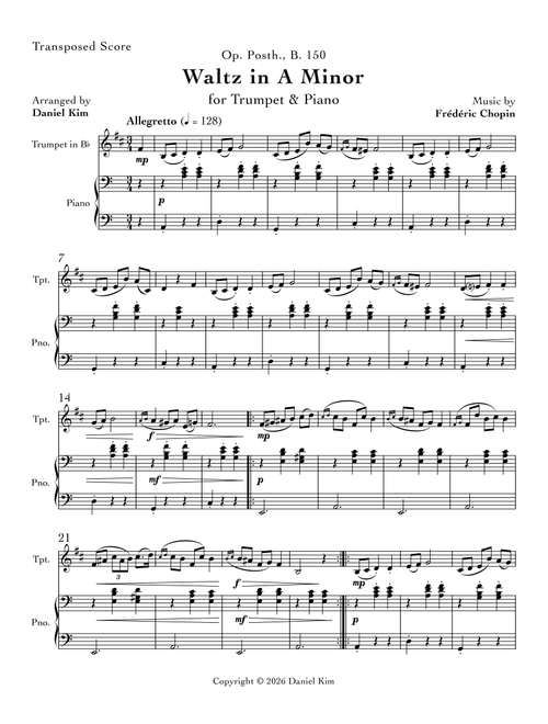 Waltz in A Minor (Trumpet & Piano) (Arr. Daniel Kim) - Frédéric Chopin (Trumpet and Piano)