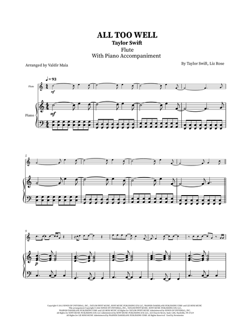 All Too Well (Arr. Valdir Maia) - Taylor Swift (Flute and Piano)